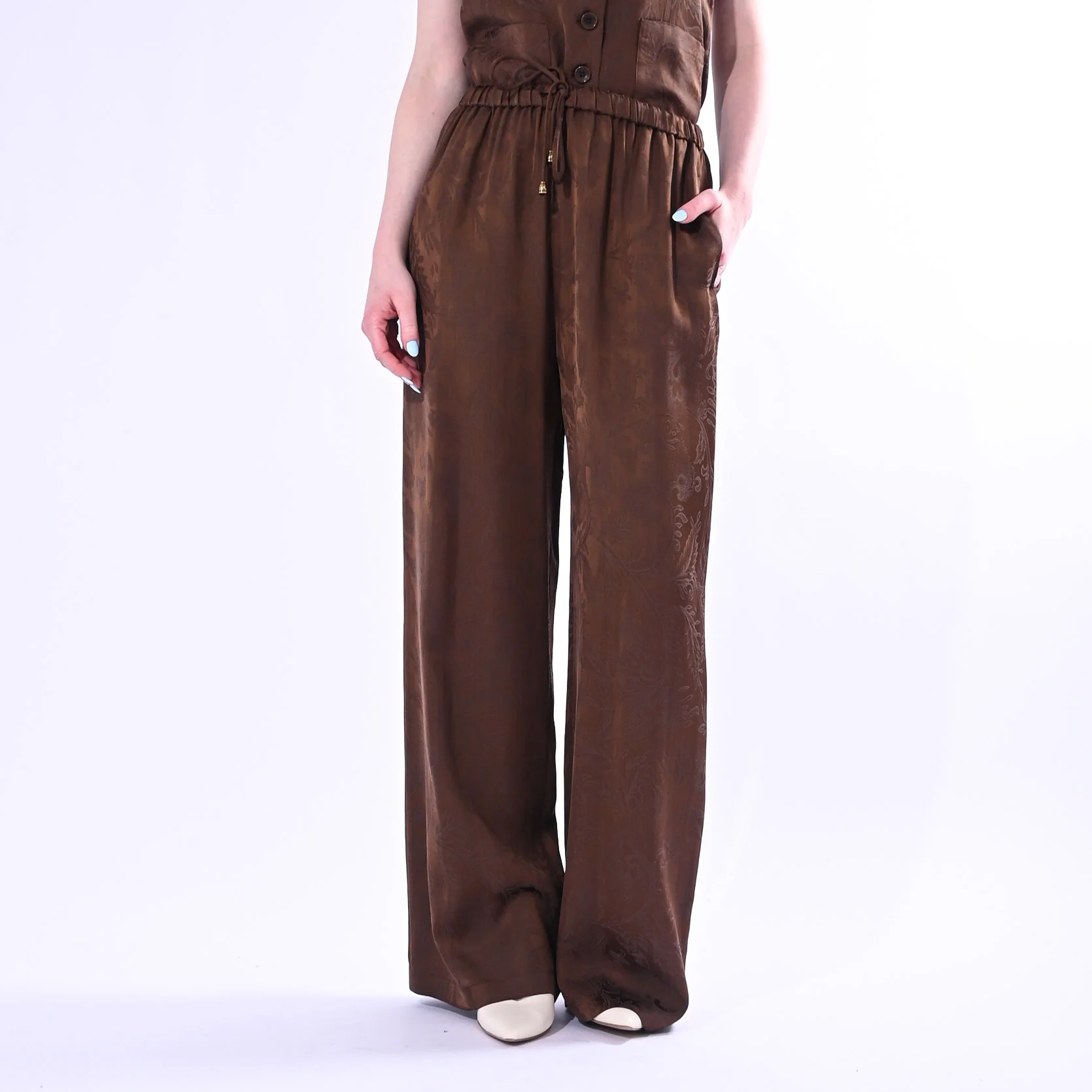 WU'SIDE - PANTALONE PALAZZO FLUIDO JAQUARD ART.26609/C - CIOCCOLATO