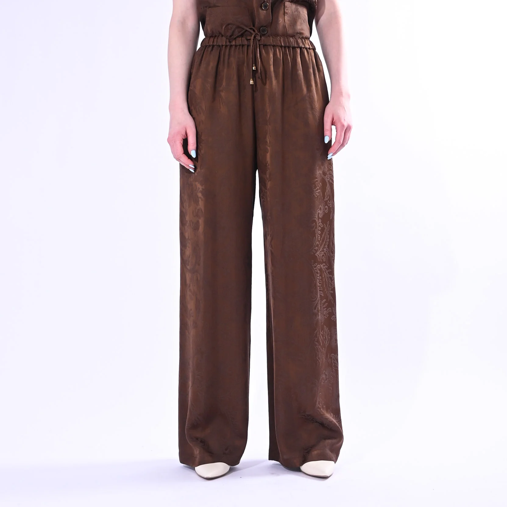 WU'SIDE - PANTALONE PALAZZO FLUIDO JAQUARD ART.26609/C - CIOCCOLATO - Image 2
