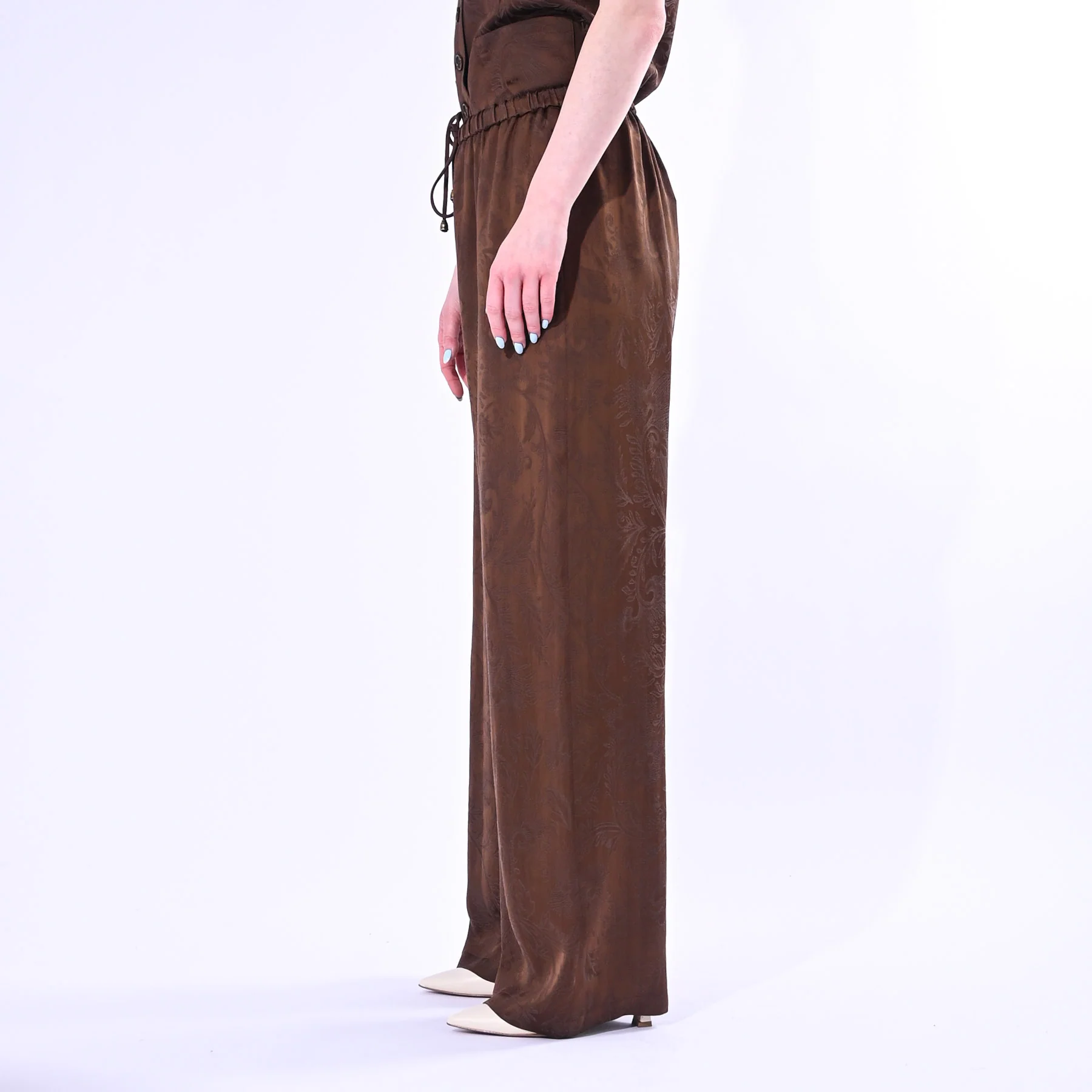 WU'SIDE - PANTALONE PALAZZO FLUIDO JAQUARD ART.26609/C - CIOCCOLATO - Image 3