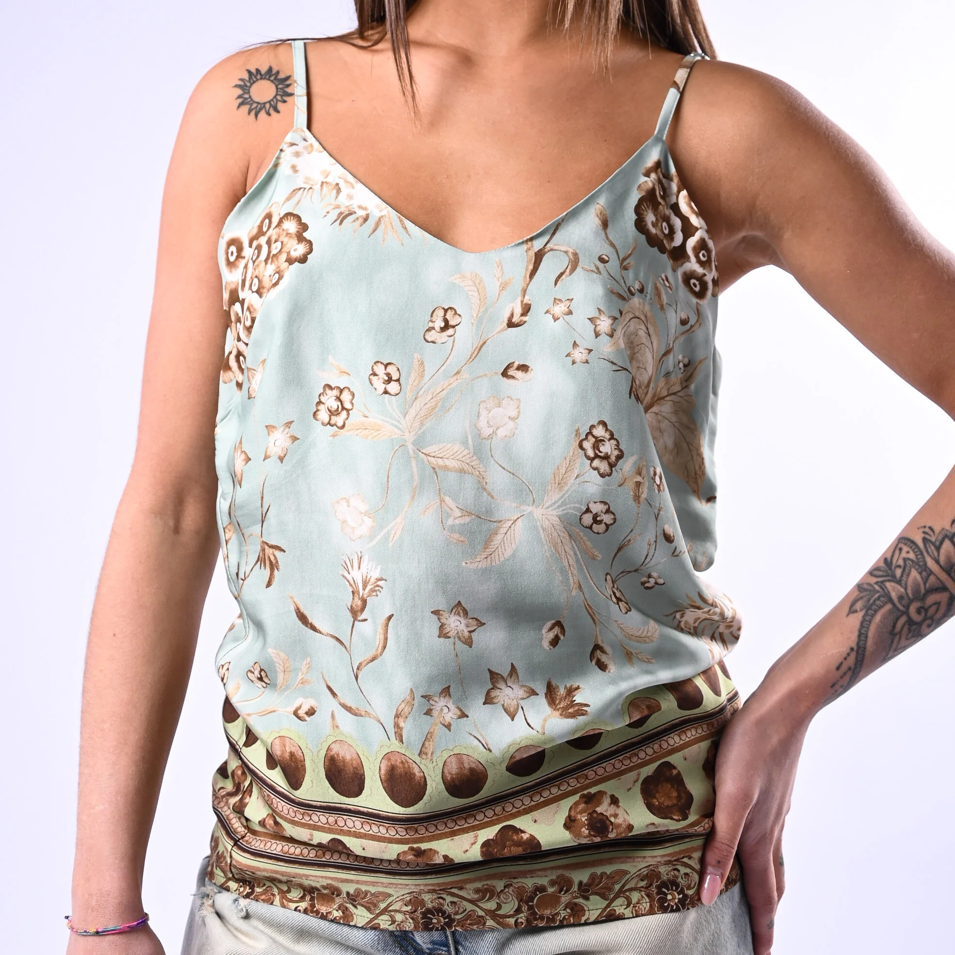 WU'SIDE - TOP SPALLINA FANTASIA FLOREALE ART.26257 - MENTA/BEIGE - Image 5